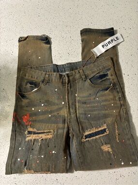 PURPLE Brand Distressed Paint-Splatter Jeans - Olive/Brown